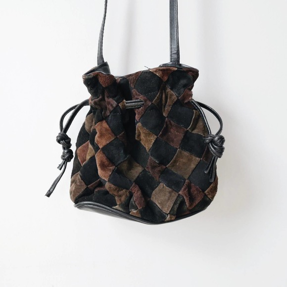 Vintage Handbags - Vintage crossbody bag | y2k suede leather woven black, brown pouch purse